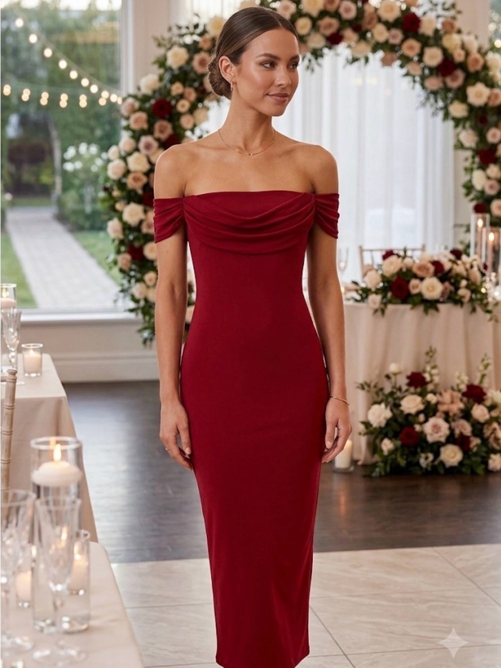 Off-Shoulder Burgundy Midi Dress